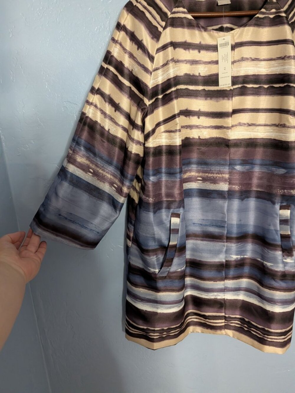 Chicos Satin Shantung Topper Jacket Sz 12 Watercolor Stripes 3/4 Sleeves lg - Picture 6 of 13